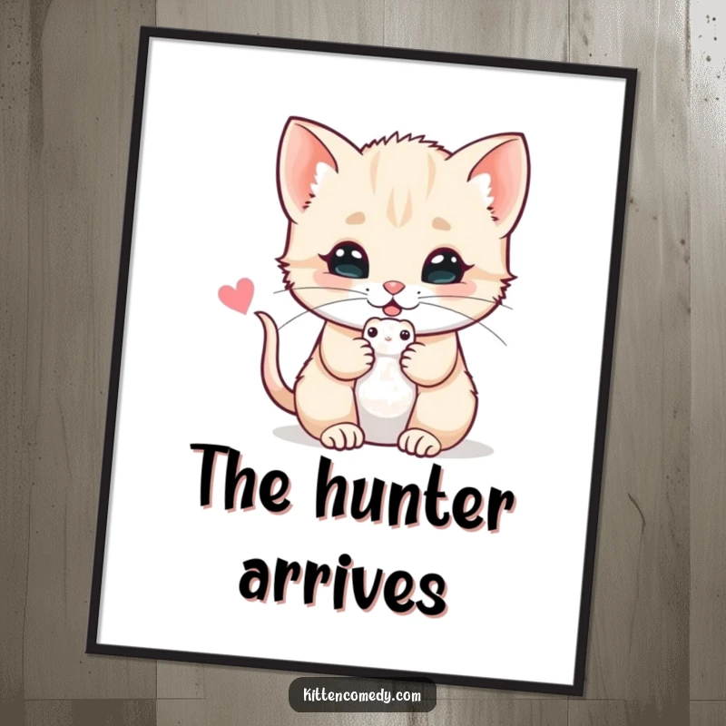 Funny poster print of a kitten offering a toy mouse with a purr, celebrating feline sweetness and playful gestures.