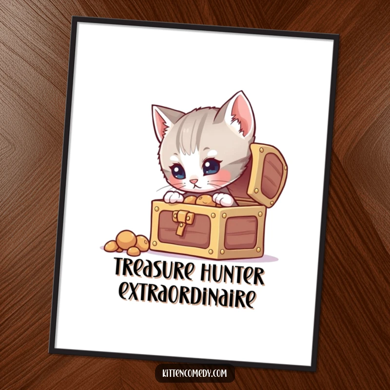 Funny curious kitten poster, peering into a small, open treasure chest, creating a captivating and humorous display.