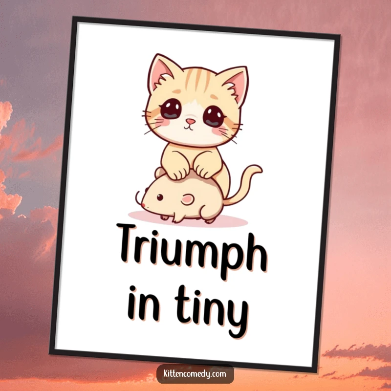 Funny Kawaii Kitten Poster: Wall art displaying a cute kitten humorously posed on a small toy mouse.