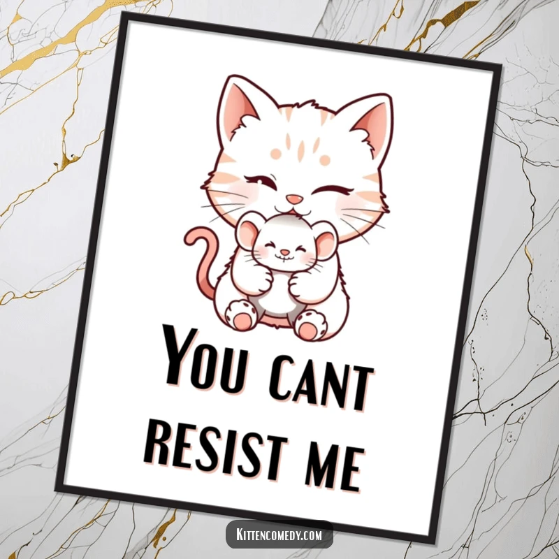 Funny poster of a winking kitten character offering a tiny mouse toy, complete with a mischievous grin and playful invitation.