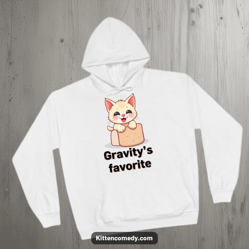 Funny kawaii kitten hoodie showing a grinning cat sliding down a scratching post, radiating happiness.