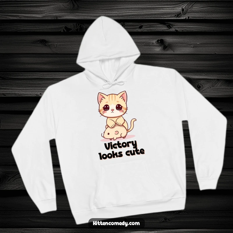 Funny Kawaii Kitten Hoodie: A warm hoodie featuring a playful kitten using a toy mouse as its perch.