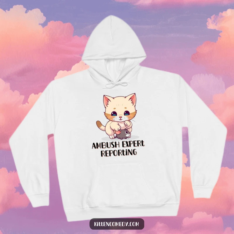 Funny kitten hoodie featuring a stealthy cat preparing to pounce on a toy mouse, highlighting a moment of hilarious suspense and playful action.
