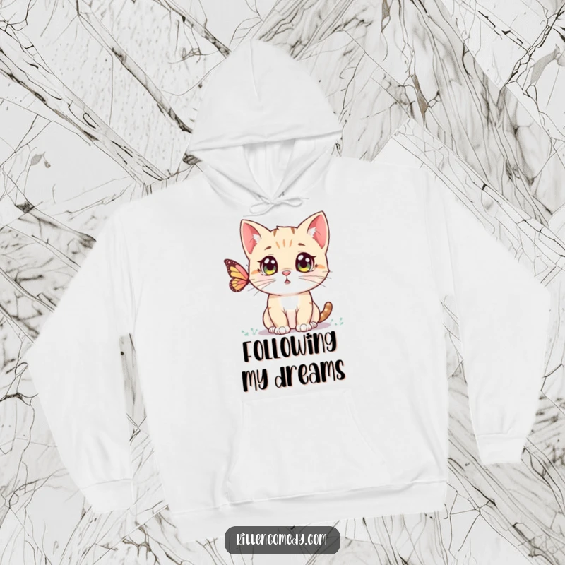 Funny Kawaii Kitten Hoodie: A soft, warm hoodie with a wide-eyed kitten studying a butterfly, full of wonder.