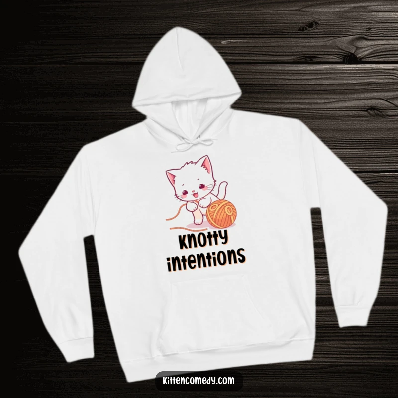Funny kawaii kitten hoodie, chasing a ball of yarn, a cute and warm design for cat lovers.