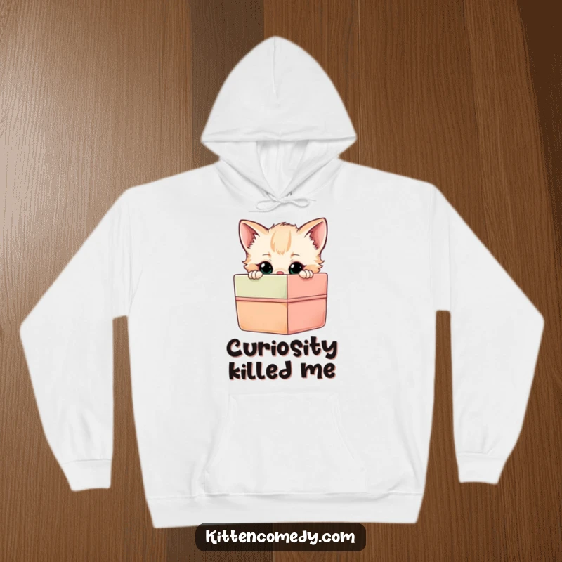 Funny Kitten Gift Box Hoodie: A curious kitten peeps into a bright gift box, radiating playful humor and coziness.