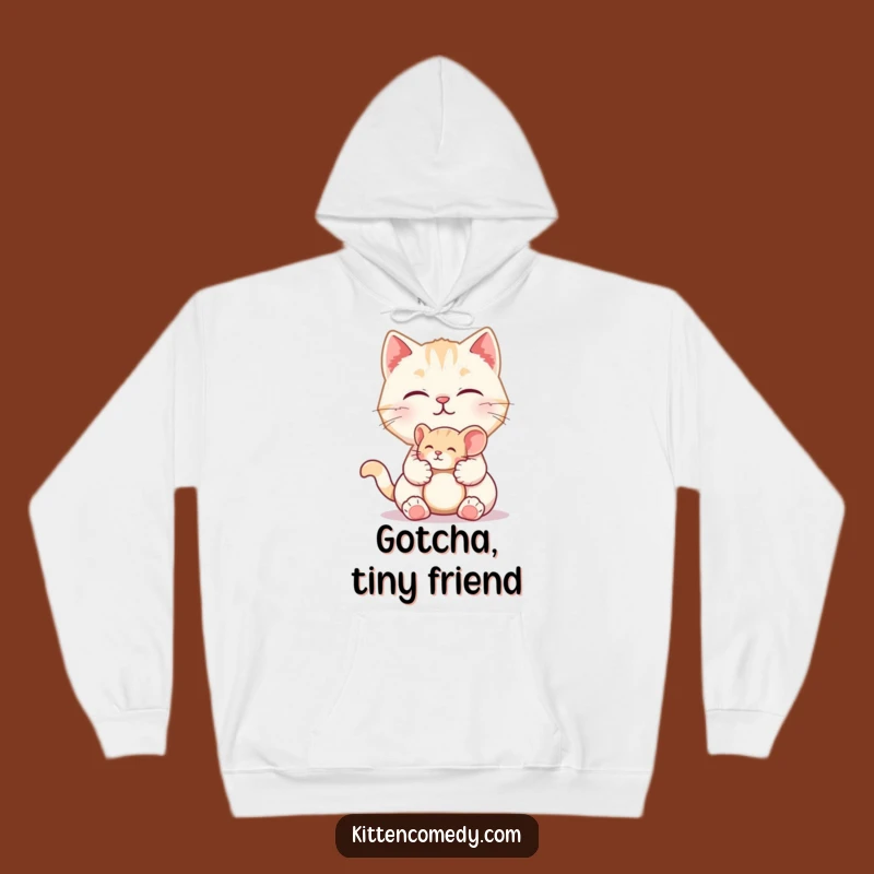 Stay warm and snuggly with this funny hoodie, depicting a kitten offering a toy mouse. Perfect for cozy days and cat enthusiasts.