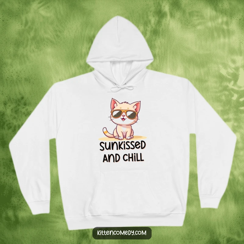 Funny Sunglasses Kitten Hoodie: A cool kitten in sunglasses sunbathing, offering cozy and funny chill vibes.