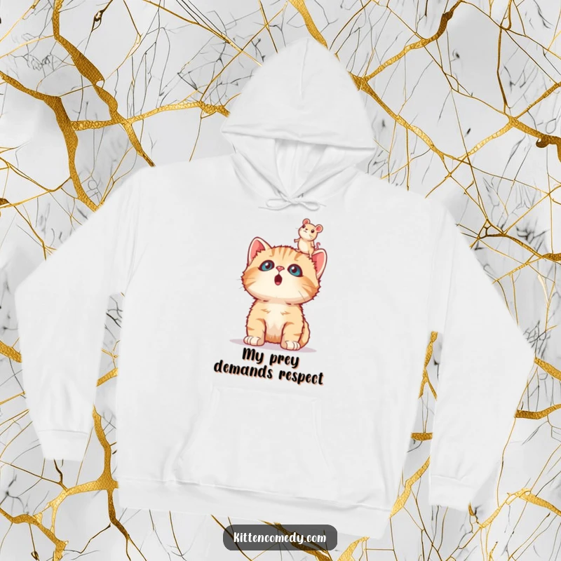 Funny surprised kitten hoodie, wide-eyed and amazed, gazing at a floating toy mouse, embodying adorable bewilderment.