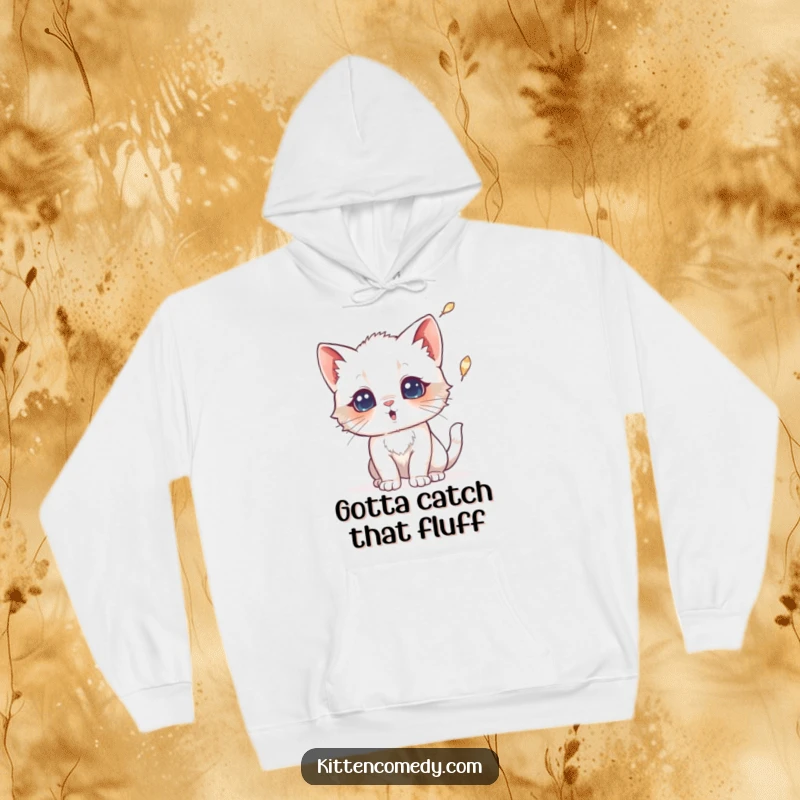 Funny hoodie showcasing a kitten with a comically surprised expression as a feather falls. Soft, warm, and hilariously relatable.