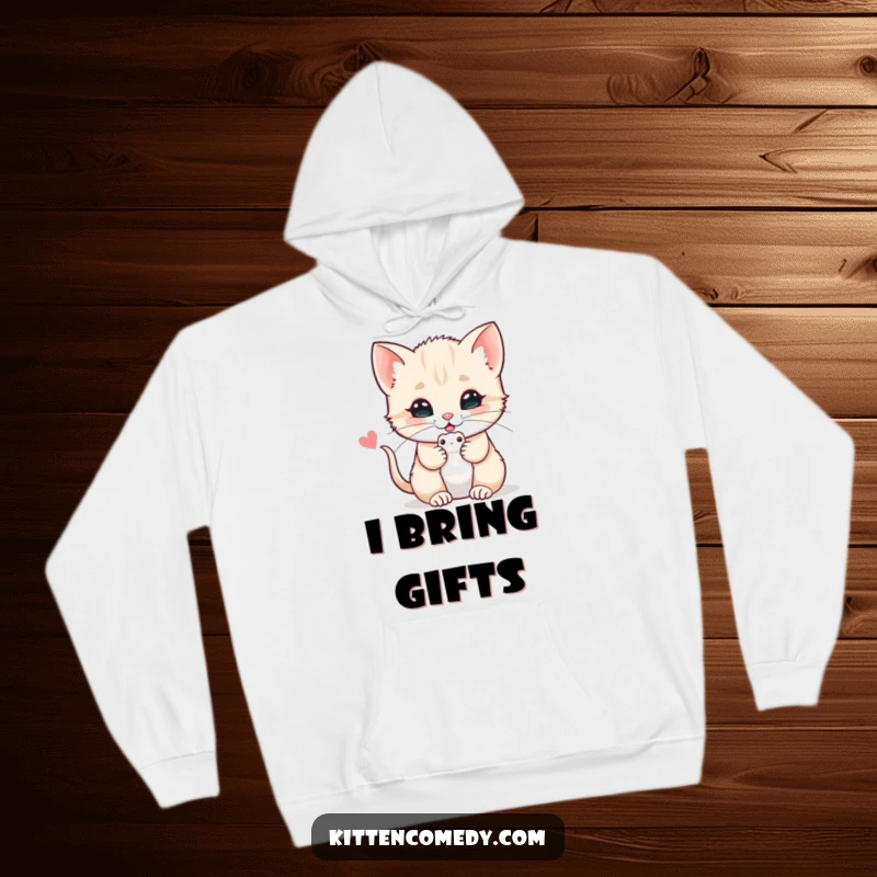 Funny, warm hoodie depicting a kitten offering a toy mouse with a purr, perfect for cozying up with feline charm.