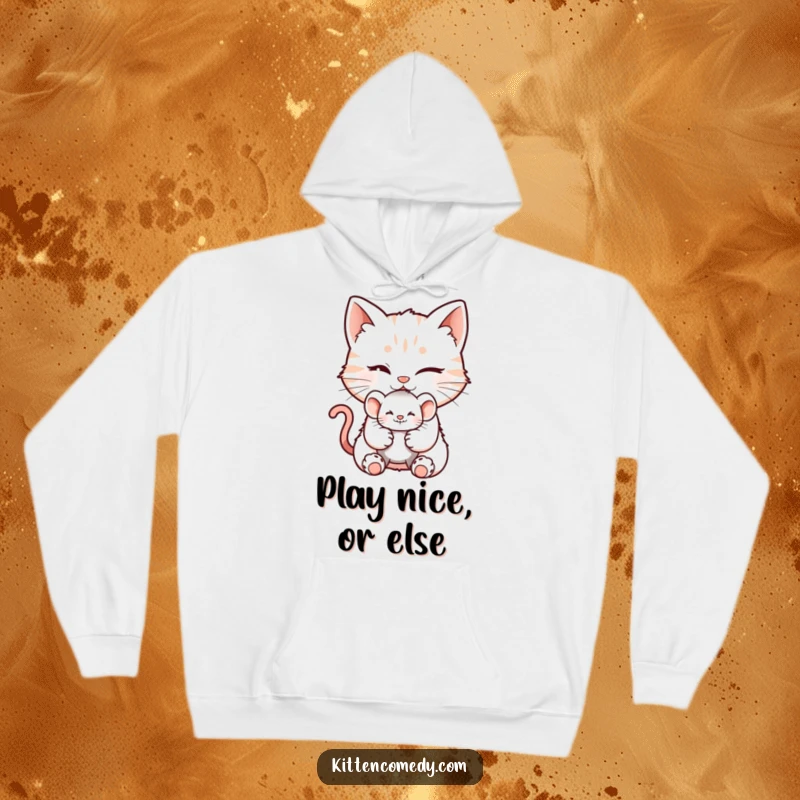 Funny hoodie featuring a winking kitten character offering a tiny mouse toy with a charmingly mischievous grin, ready for fun.