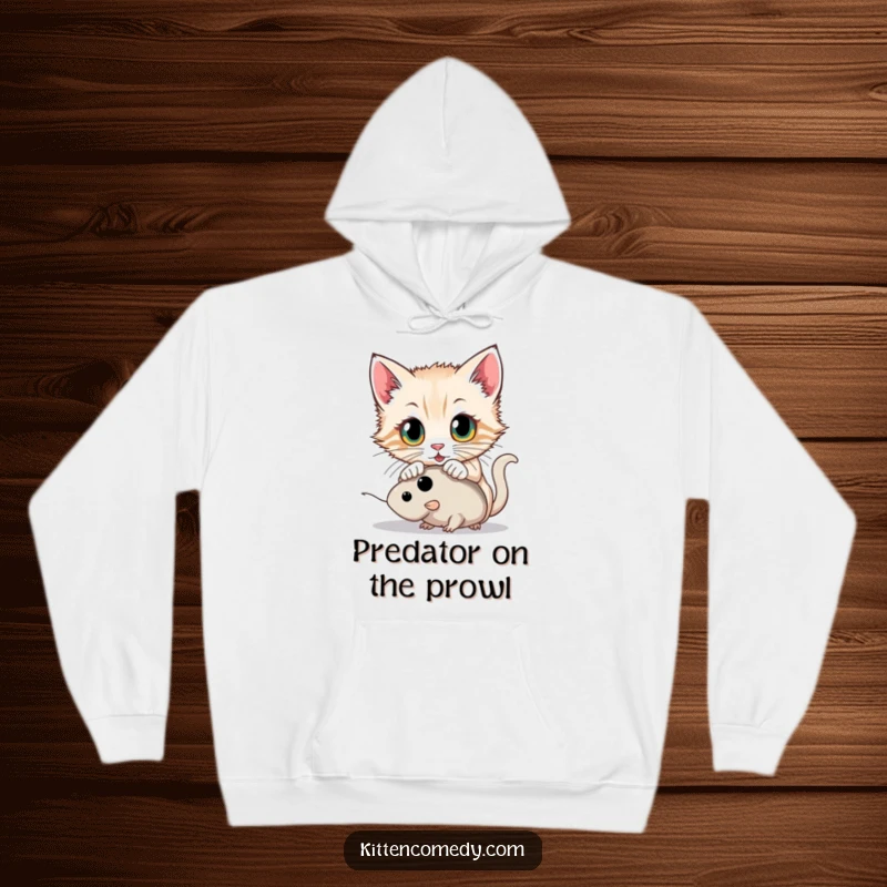 Funny kitten with wide eyes pouncing on a toy mouse on a cozy hoodie, perfect for playful hunters.
