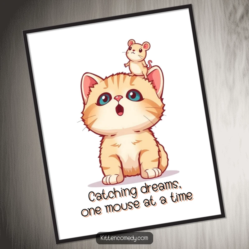 Funny Free Printable Wall Art of a shocked kitten looking up in amazement at a hovering toy mouse, a great humorous downloadable.