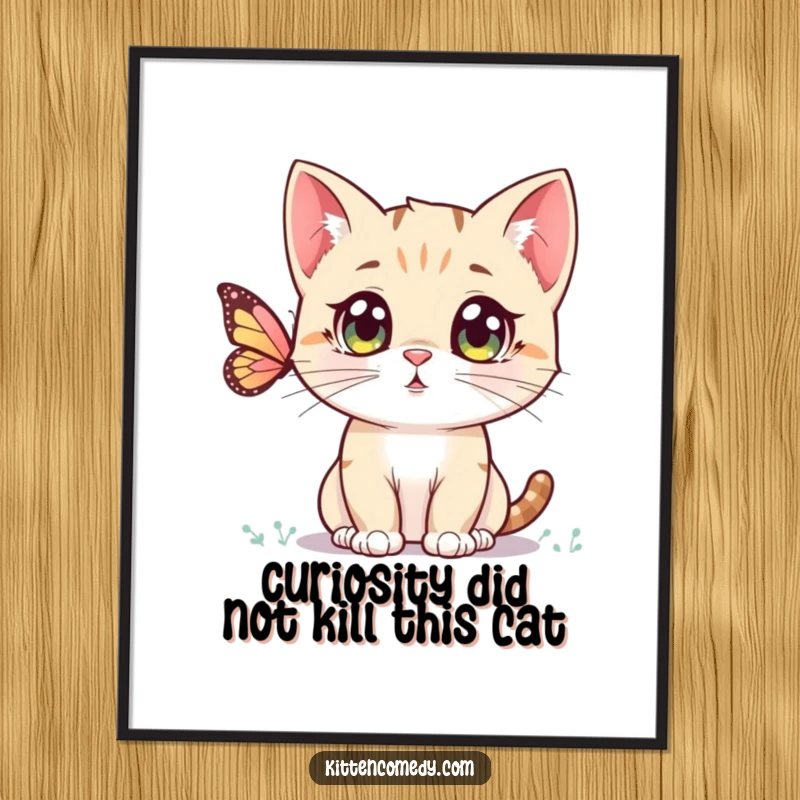 Funny Free Printable Wall Art: A curious Kawaii kitten watches a butterfly, bringing whimsical charm to any room.