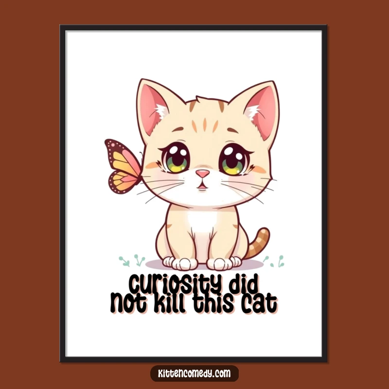 Free Printable Wall Art: Funny Kawaii Kitten & Butterfly, Cute Downloadable Home Decor