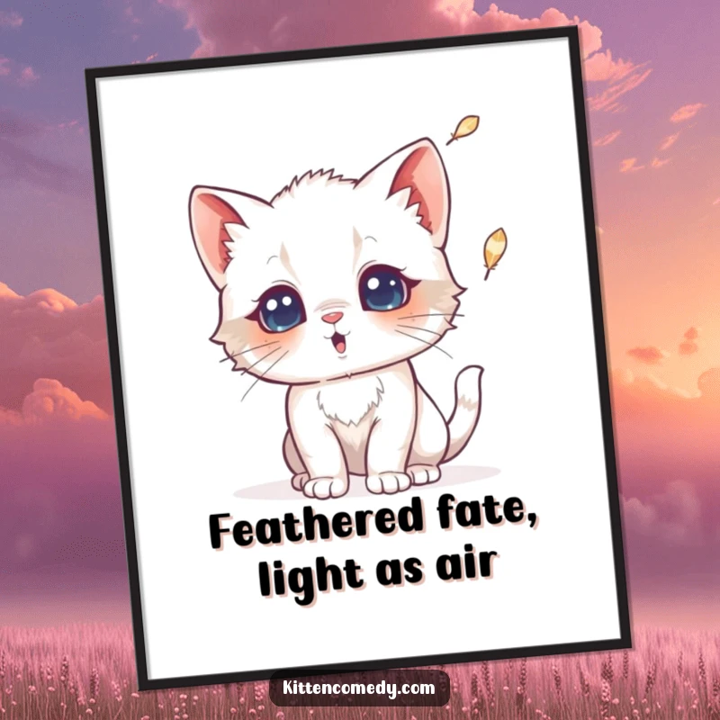 Funny Free Printable Wall Art: A kitten looks comically surprised by a falling feather, adding whimsy to your space.