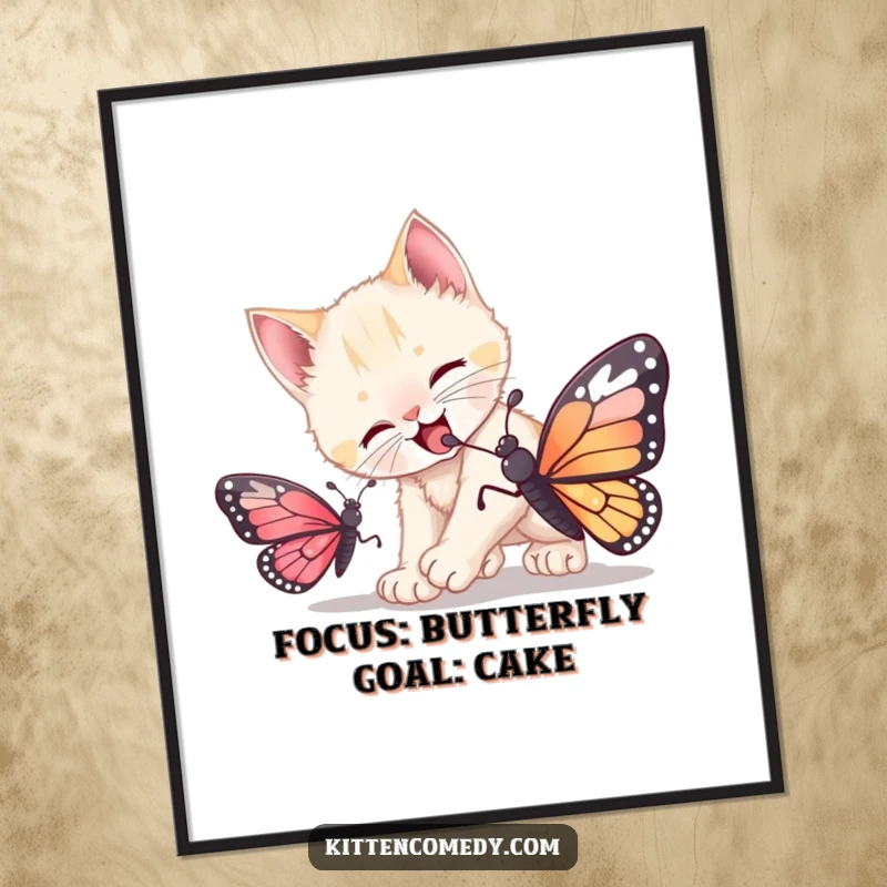 Funny Free Printable Wall Art: A kitten intensely focuses, ready to pounce on a tiny butterfly, adding playful energy to your room.