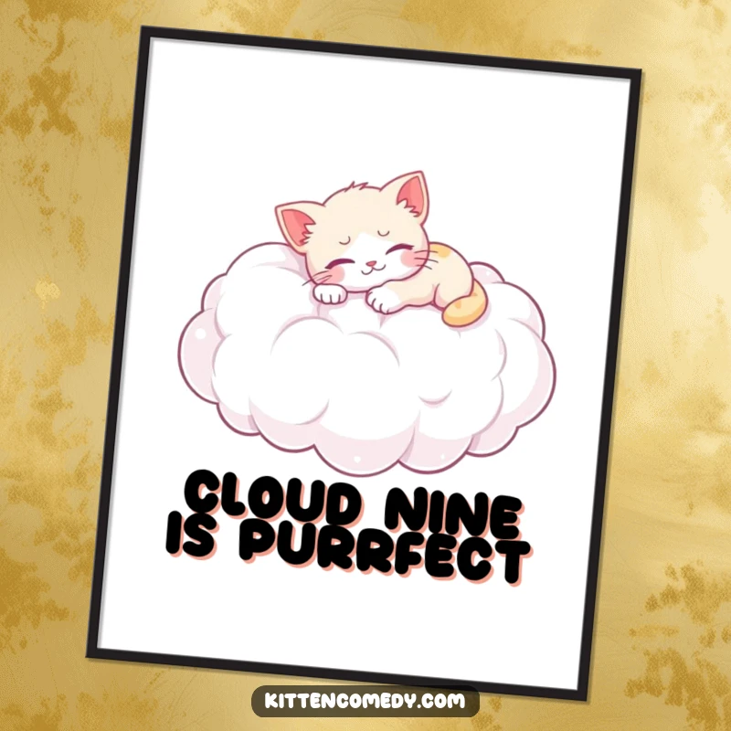 Funny Free Printable Kitten Wall Art: A cute kitten peacefully naps on a giant fluffy cloud. Cozy and serene downloadable decor.