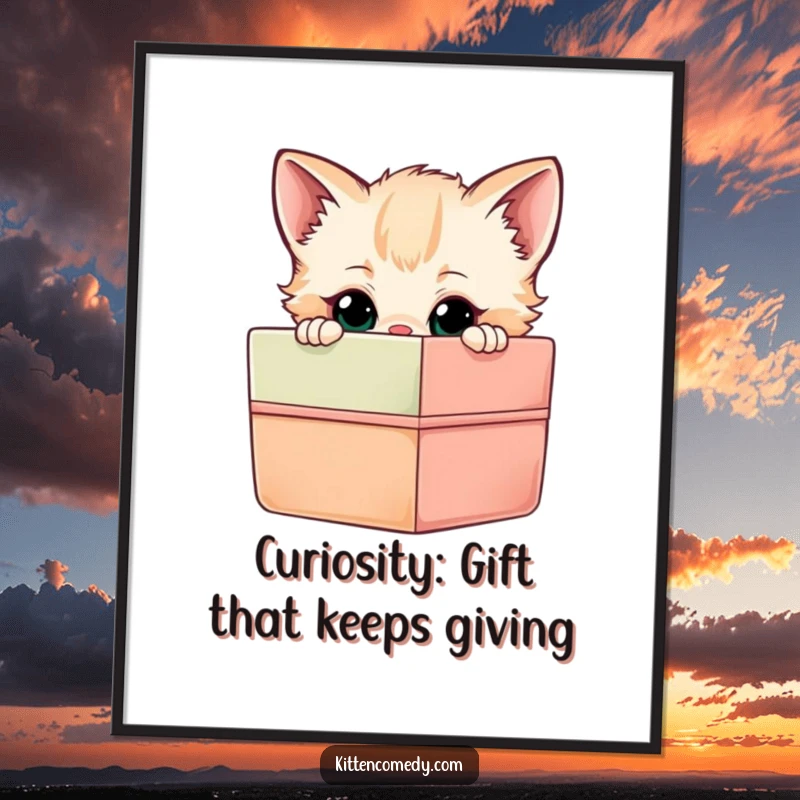 Funny free printable wall art of a cute kitten curiously peering into a brightly colored, enticing gift box.