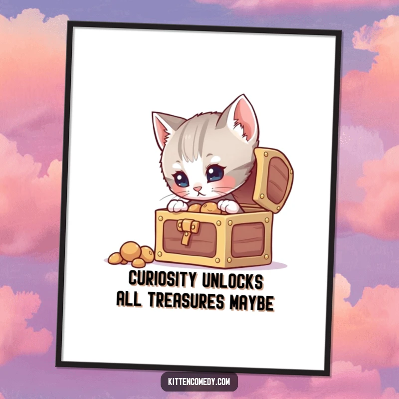 Funny Free Printable Wall Art of a curious kitten peering into a tiny, open treasure chest, a delightful humorous downloadable.