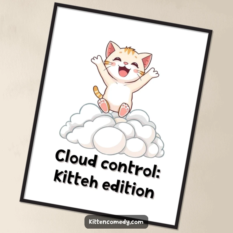 Funny Free Printable Wall Art: Excited kitten joyfully leaping high into fluffy clouds, pure delight captured.
