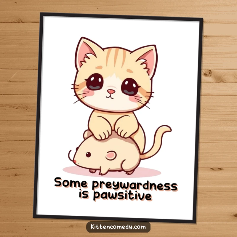 Funny Free Printable Wall Art: A playful Kawaii kitten perches on a toy mouse, adding quirky charm to your decor.