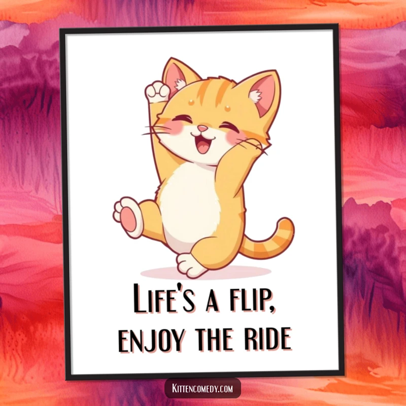 Funny free printable wall art of a gleeful kitten mid-somersault, tail up, radiating happiness.
