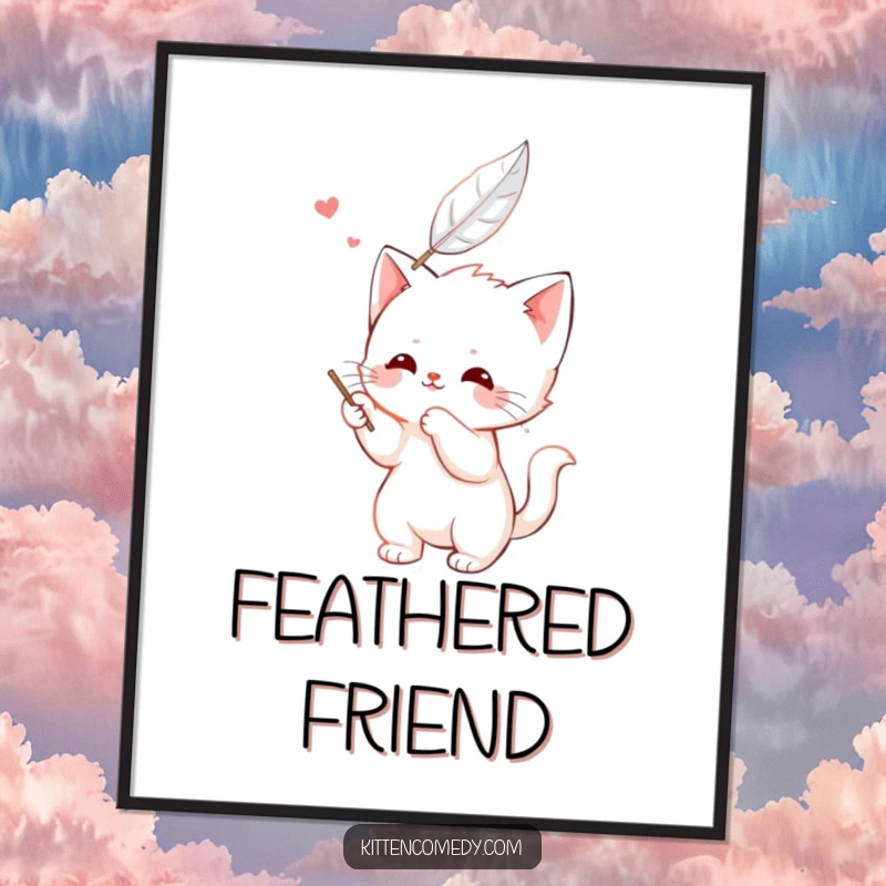 Funny Free Printable Wall Art: Kawaii kitten character happily batting at a delicate floating feather, capturing a moment of innocent feline delight.