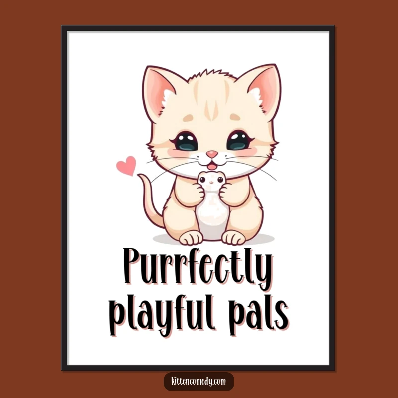 Add a touch of cuteness to your walls with this free printable art of a kitten with a toy mouse. Print at home.