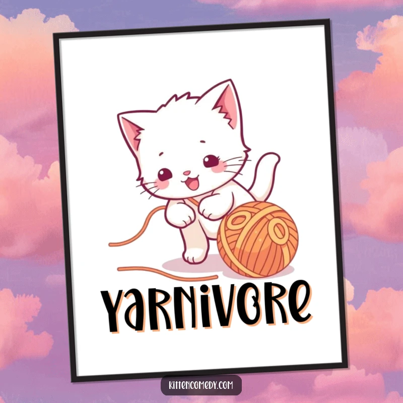 Funny Free Printable Wall Art: Kawaii kitten character gleefully chasing a large ball of colorful yarn, creating a scene of pure playful joy.