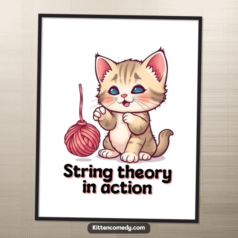 Funny Free Printable Wall Art: A playful kitten batting at a ball of yarn, creating a humorous and charming scene, downloadable.