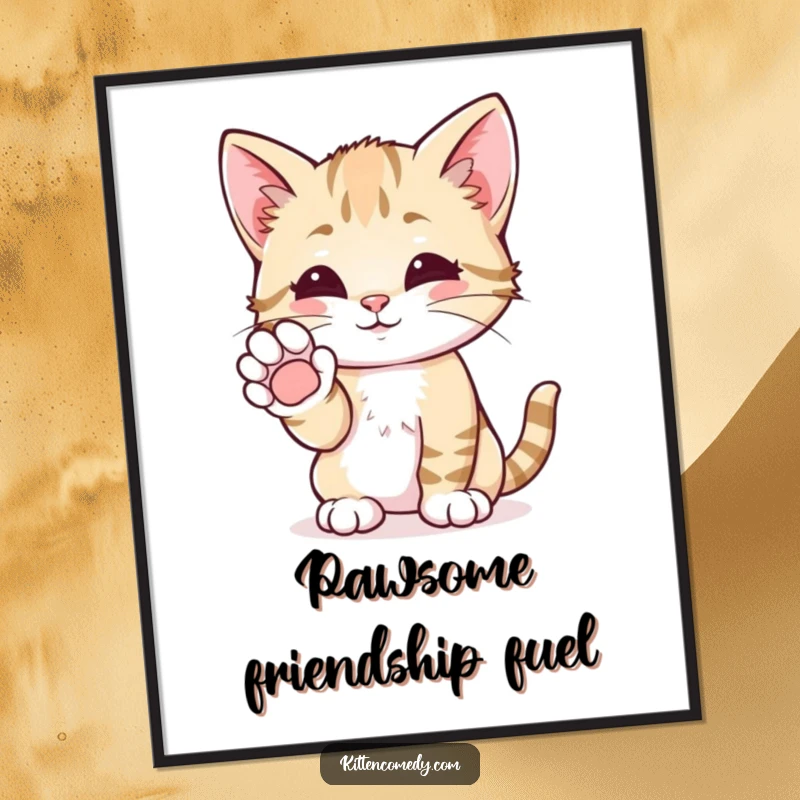 Funny Free Printable Wall Art: A friendly kitten offers a tiny paw high-five, radiating warmth and gentle humor in your space.