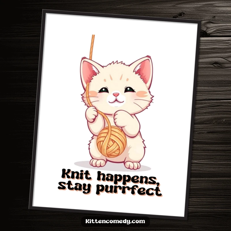 Funny Free Printable Wall Art: Kawaii kitten gleefully bats at a dangling yarn ball, creating delightful chaos.