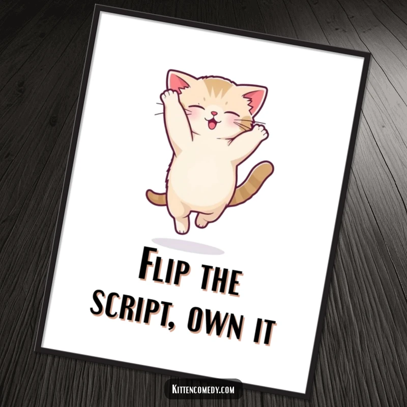 Funny Free Printable Wall Art: Kawaii kitten performing a hilarious acrobatic flip with determined focus and a playful spirit.