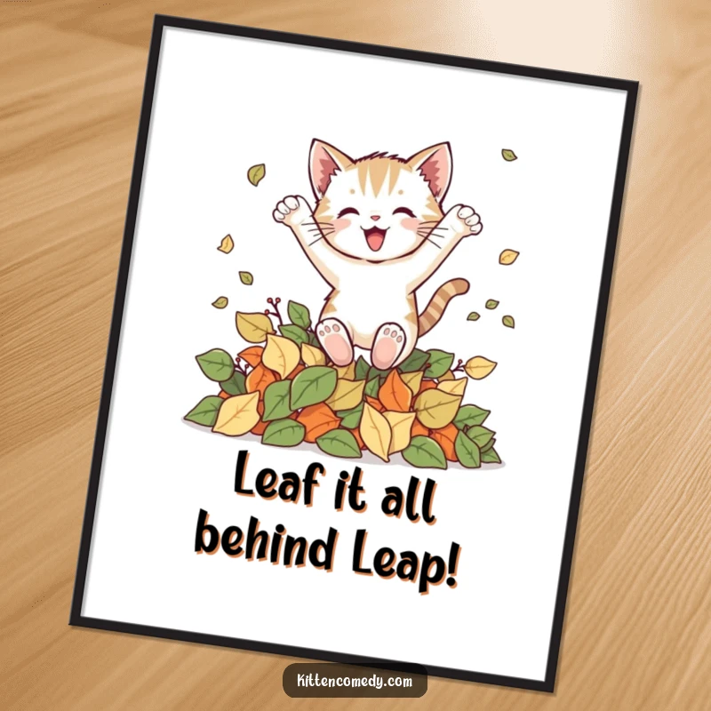 Funny Free Printable Wall Art: A kitten joyfully leaping into a pile of colorful autumn leaves, capturing pure delight.