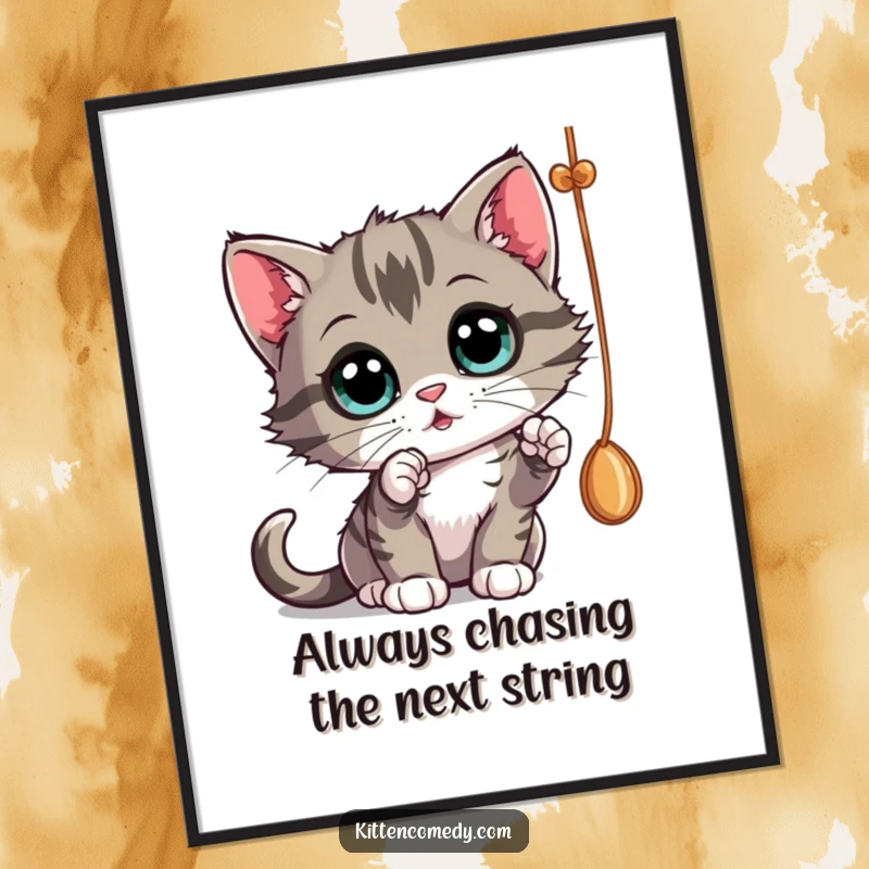 Funny Free Printable Wall Art: A curious kitten bats at a dangling string with wide, intrigued eyes, adding whimsy to decor.