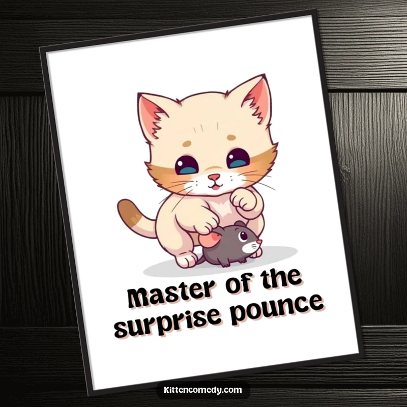 Funny Free Printable Wall Art: A mischievous kitten caught mid-pounce on a toy mouse, capturing playful energy and humor.