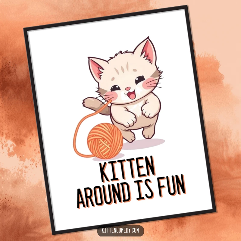 Funny Free Printable Wall Art: A kawaii kitten in mid-pounce, joyfully chasing a bouncing ball of yarn.