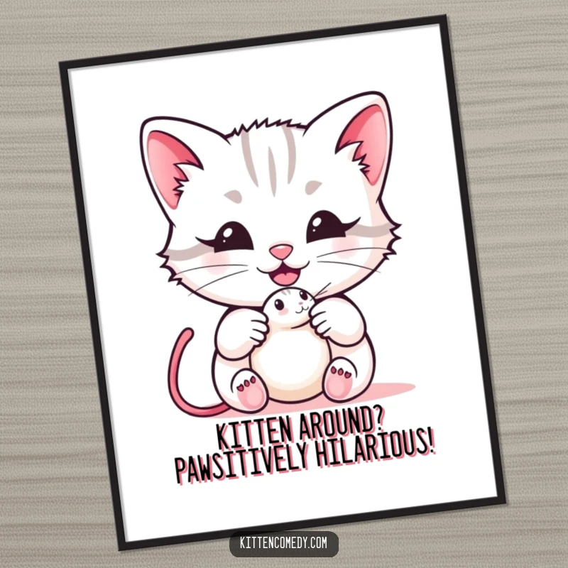 Funny Free Printable Wall Art: Kawaii kitten offering a mouse toy with a happy meow.