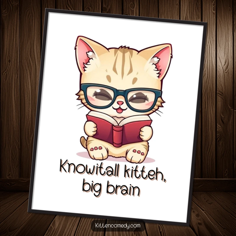 Funny Free Printable Wall Art: Giggling kitten in oversized glasses reads a tiny book, a scene of cozy wisdom.