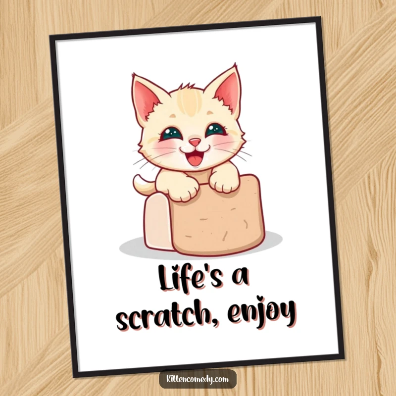 Funny Free Printable Wall Art: Kawaii kitten sliding down a scratching post with a wide, happy grin, full of zest.