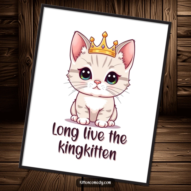 Funny Free Printable Wall Art: A proud kawaii kitten wearing a tiny crown, looking exceptionally pleased with itself, downloadable.