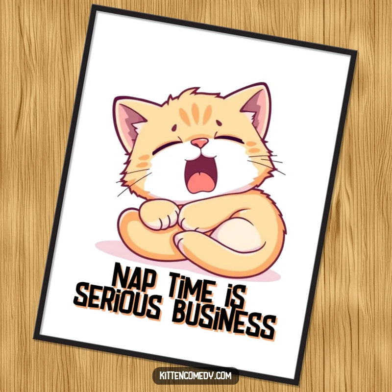 Funny free printable wall art of a tired kitten yawning widely while peacefully snoozing in a cozy sunbeam.