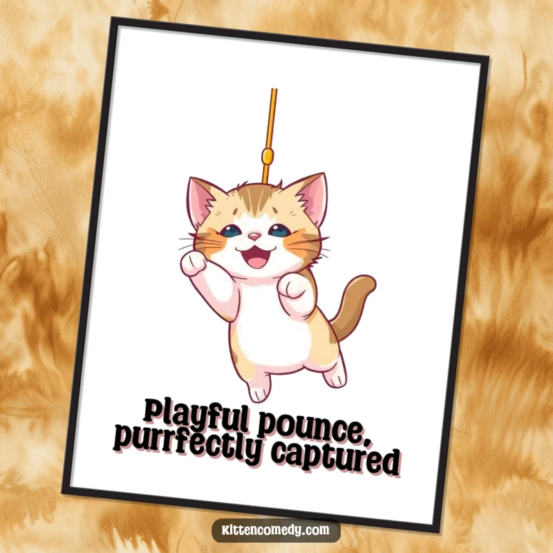 Funny Free Printable Wall Art: A playful kitten leaps, pouncing on a sparkling string with pure excitement.