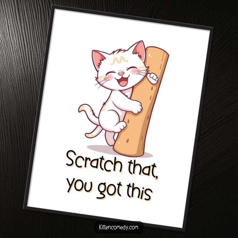 Funny Free Printable Wall Art: A gleeful kitten energetically climbs a scratching post, adding a playful vibe.