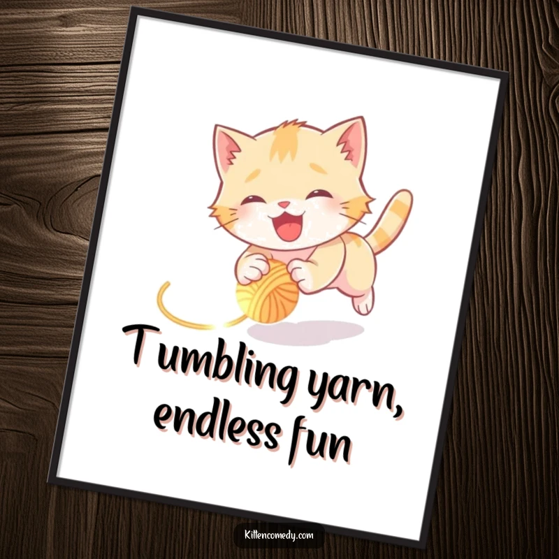 Funny Free Printable Wall Art: A joyful kitten tumbles enthusiastically chasing a tiny glowing ball of yarn.