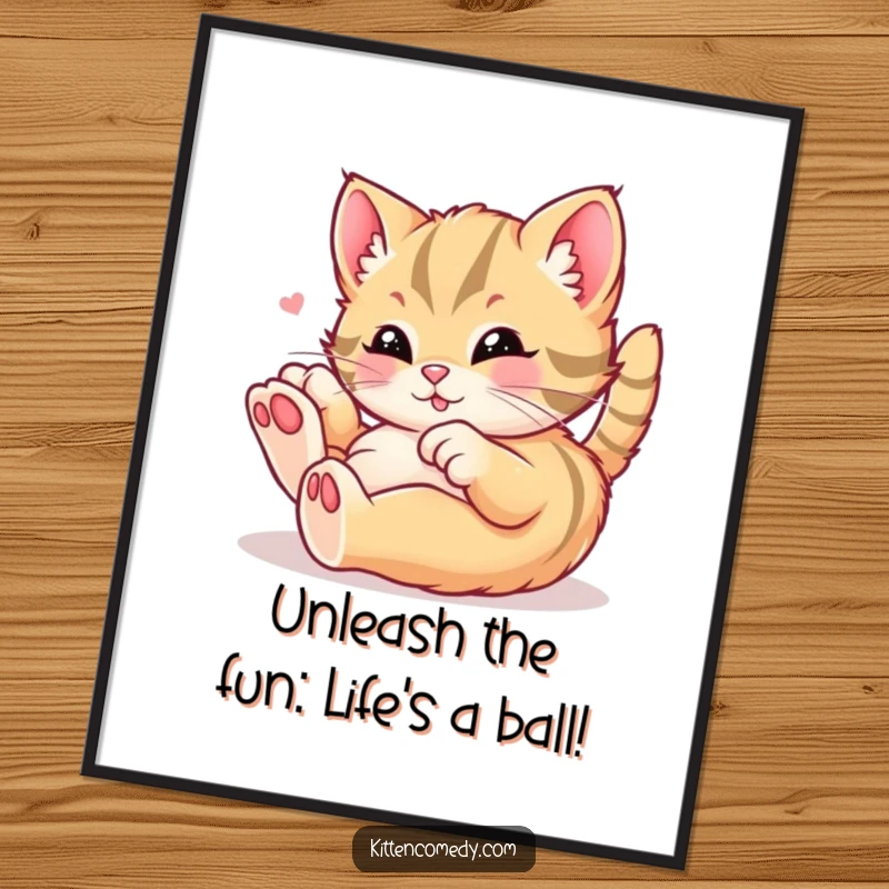Funny Free Printable Wall Art: Kawaii kitten rolling around in pure playful delight.