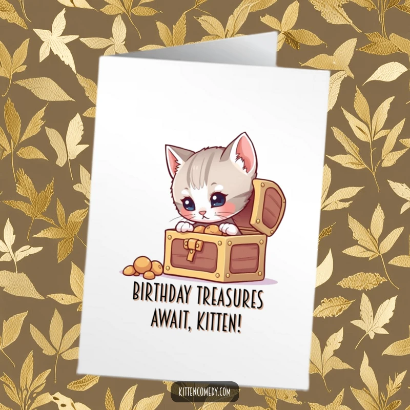 Funny Free Printable Birthday Card showing a curious kitten peeking into a tiny treasure chest, a great humorous DIY present.