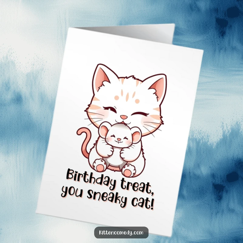 Funny Free Printable Birthday Card: Winking kitten offers mouse toy with a mischievous grin, playful intentions.